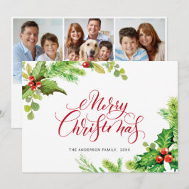 3枚の写真を使ったフェスティブなホリーベリーのクリスマスグリーティング シーズンカード