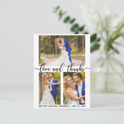 3枚の写真を使ったモダンな結婚式の愛と感謝のスクリプト ポストカード (スタンド正面)