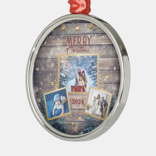 3枚の写真を使った家族祝のクリスマス メタルオーナメント (左)