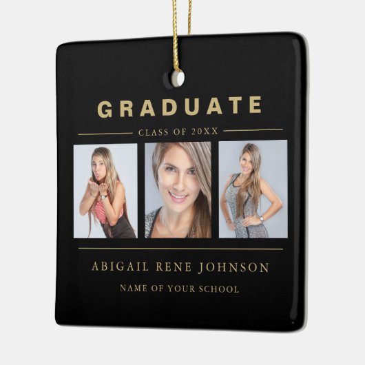 3枚の写真を用いた卒業校、黒金ゴールド セラミックオーナメント (左)