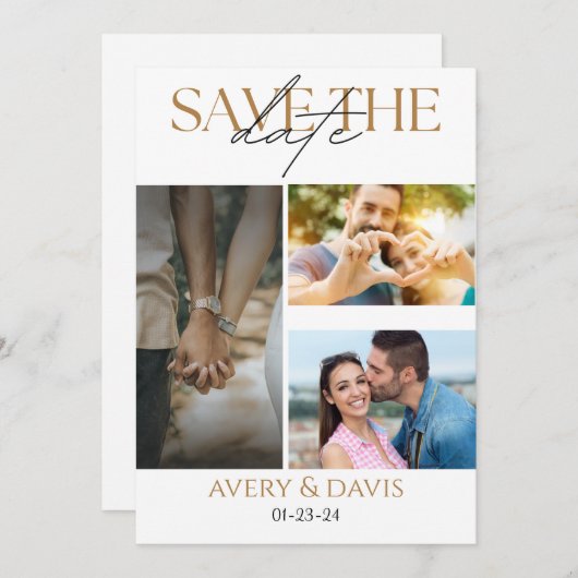 3枚の写真を組み合わせた結婚式のSave The Date招待状 セーブザデート (正面/裏面)