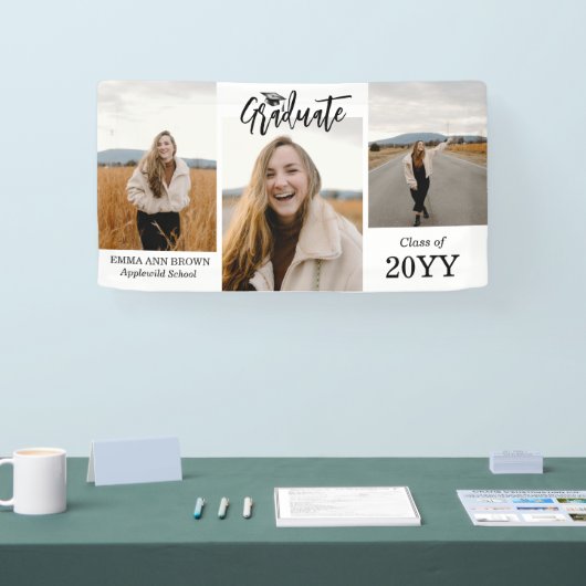 3枚の写真を追加モダンスクリプトの卒業バナー 横断幕 (トレードショー)