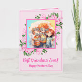 3枚の写真を追加 - ピンクの最高の祖母、詩、2人の子供 カード (正面)