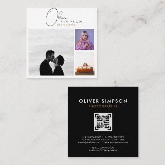 3枚の写真を追加Script Photography QR スクエア名刺 (正面/裏面)