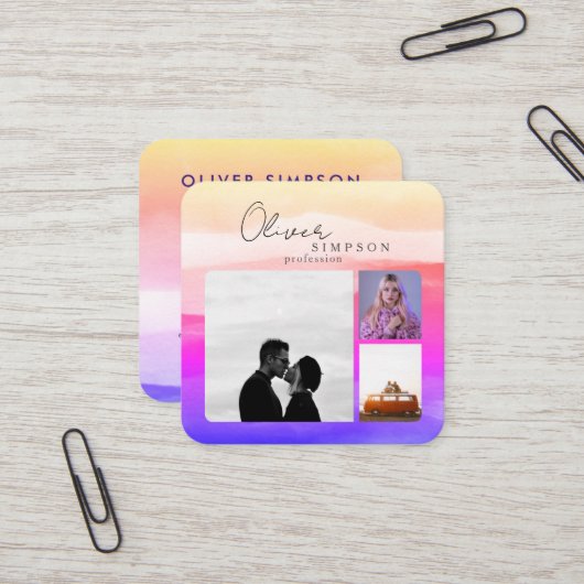 3枚の写真を追加Script Water color Holography QR スクエア名刺 (正面/裏面インサイチュ)