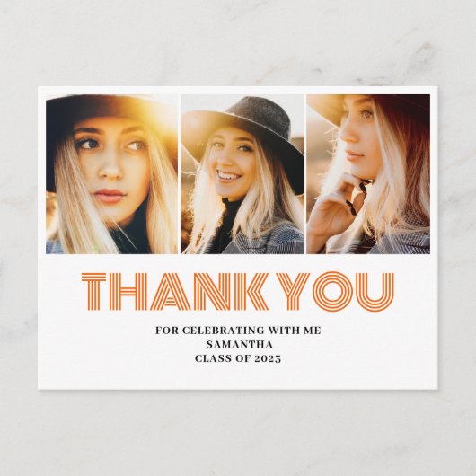 3枚の写真を飾った卒業お礼メッセージ ポストカード (正面)