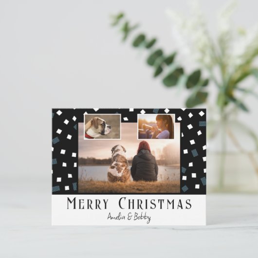 3枚の写真を飾る モダンな黒と白のクリスマス シーズンポストカード (スタンド正面)