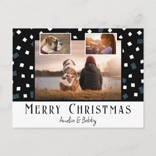 3枚の写真を飾る モダンな黒と白のクリスマス シーズンポストカード (正面)
