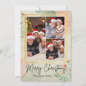 3枚の写真を飾る ヴィンテージグリーン ゴールドのクリスマス シーズンカード (正面)