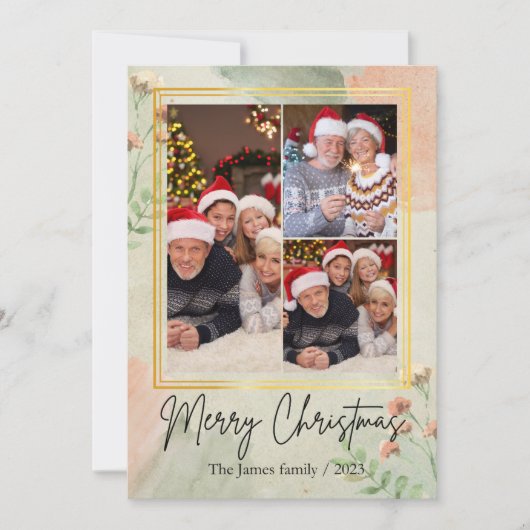3枚の写真を飾る ヴィンテージグリーン ゴールドのクリスマス シーズンカード (正面)