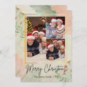3枚の写真を飾る ヴィンテージグリーン ゴールドのクリスマス シーズンカード (正面/裏面)