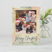 3枚の写真を飾る ヴィンテージグリーン ゴールドのクリスマス シーズンカード (スタンド正面)