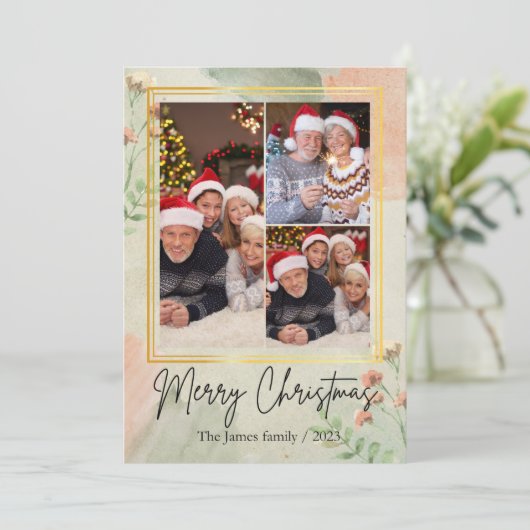 3枚の写真を飾る ヴィンテージグリーン ゴールドのクリスマス シーズンカード (スタンド正面)