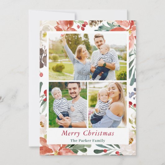 3枚の写真コラージメリークリスマスポインセチアフローラ シーズンカード (正面)