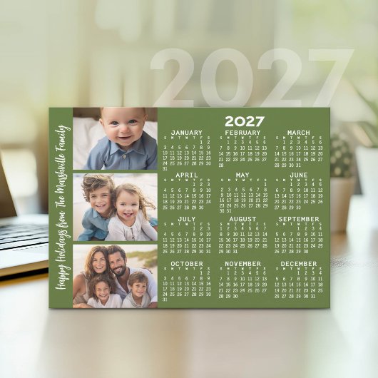3枚の写真コラージュが入った2027年カレンダー - 緑 シーズンカード