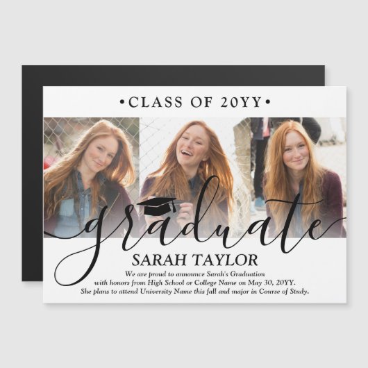 3枚の写真コラージュの卒業発表 マグネット招待状 (正面/裏面)