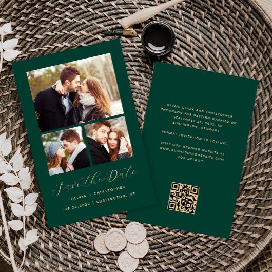 3枚の写真コラージュグリーンQRコードSave the Date(結婚予定日)バジェット