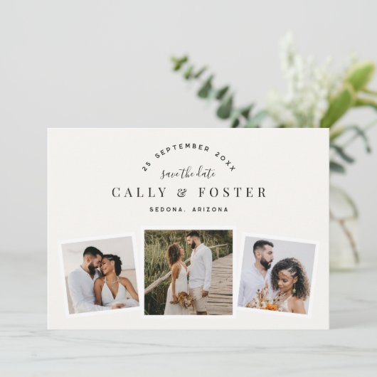 3枚の写真コラージュ ウェディングカード(プロポーズ記念日) セーブザデート (スタンド正面)