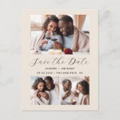 3枚の写真コラージュQRコード付きベージュSave the Date ポストカード (正面)