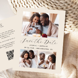 3枚の写真コラージュQRコード付きベージュSave the Date ポストカード