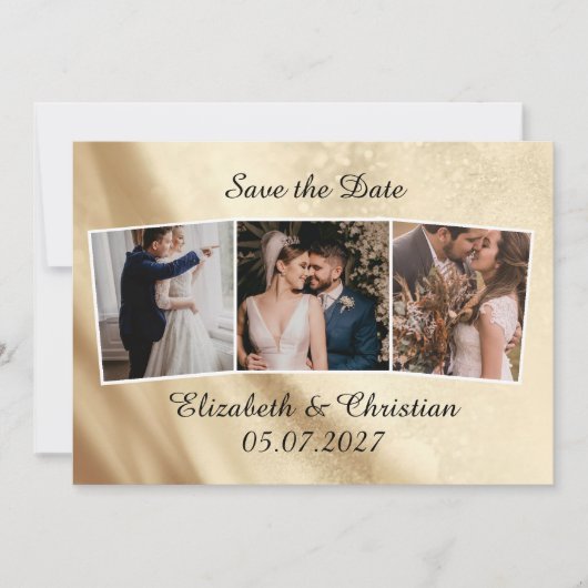 3枚の写真ゴールドフォイルエレガント日付を保存 招待状 (正面)