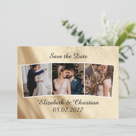 3枚の写真ゴールドフォイルエレガント日付を保存 招待状 (スタンド正面)
