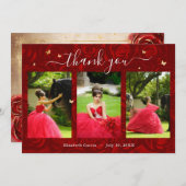 3枚の写真テンプレート エレガントなゴールドとレッドのキンセアネラ サンキューカード (正面/裏面)