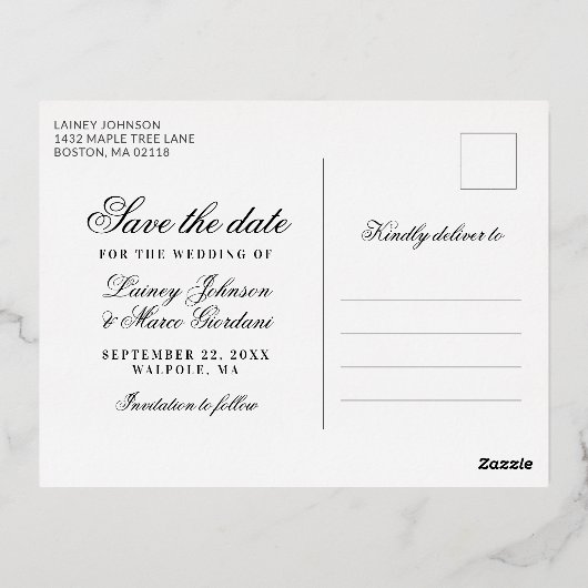 3枚の写真ホワイト&ゴールドフォイル日付を保存 箔招待状ポストカード (裏面)