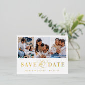 3枚の写真ホワイト&ゴールドフォイル日付を保存 箔招待状ポストカード (立ち正面)