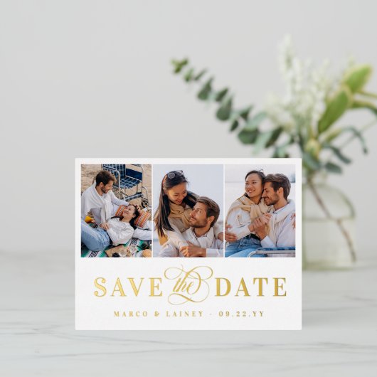 3枚の写真ホワイト&ゴールドフォイル日付を保存 箔招待状ポストカード (立ち正面)