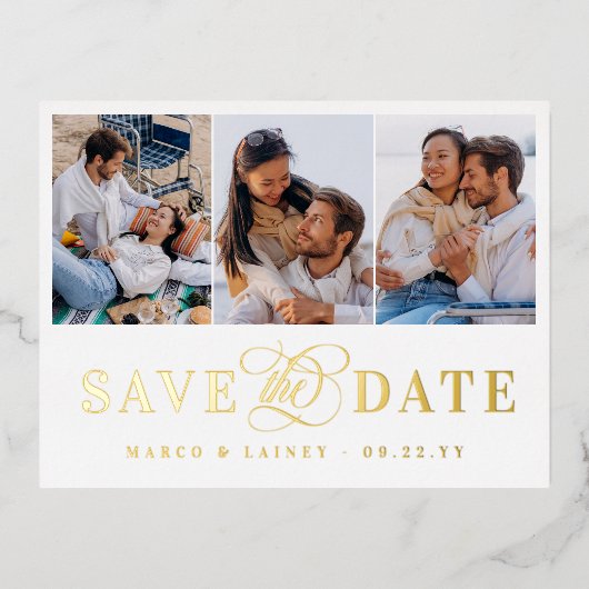 3枚の写真ホワイト&ゴールドフォイル日付を保存 箔招待状ポストカード (正面)