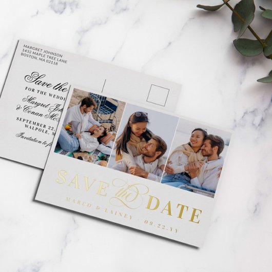 3枚の写真ホワイト&ゴールドフォイル日付を保存 箔招待状ポストカード