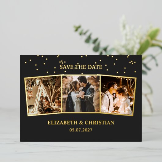 3枚の写真ミニマリストが日付を保存 箔招待状 (立ち正面)