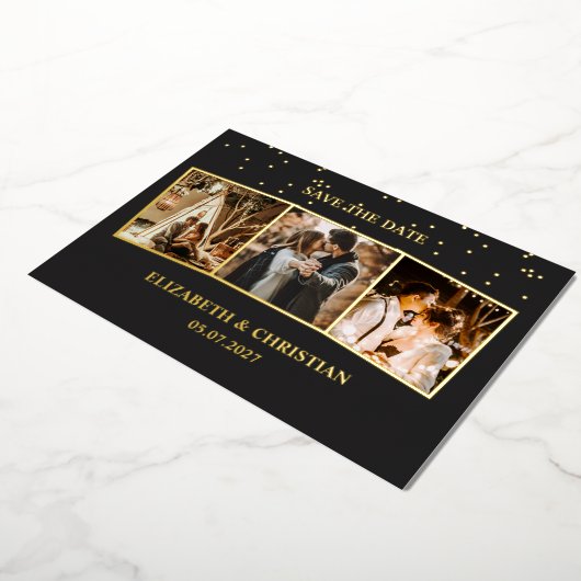 3枚の写真ミニマリストが日付を保存 箔招待状 (回転した状態)