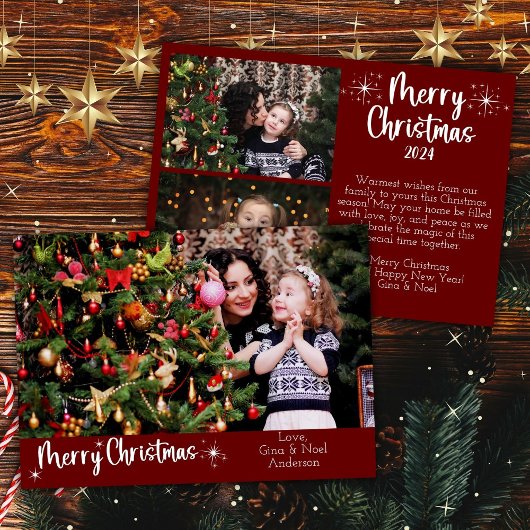 3枚の写真メリークリスマススクリプモダントレッド シーズンカード