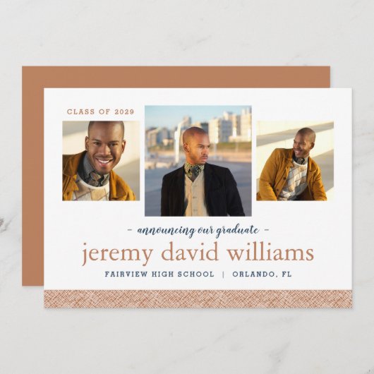 3枚の写真モダンの卒業発表 招待状 (正面/裏面)