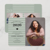 3枚の写真モダンセージストライプズ卒業パーティー 招待状 (正面/裏面)