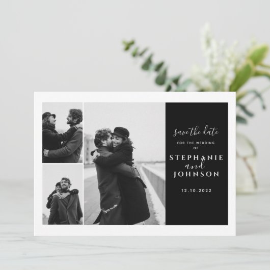 3枚の写真モダンタイポグラフィ白黒結婚の セーブザデート (スタンド正面)