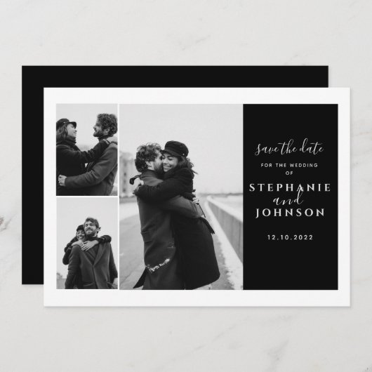 3枚の写真モダンタイポグラフィ白黒結婚の セーブザデート (正面/裏面)