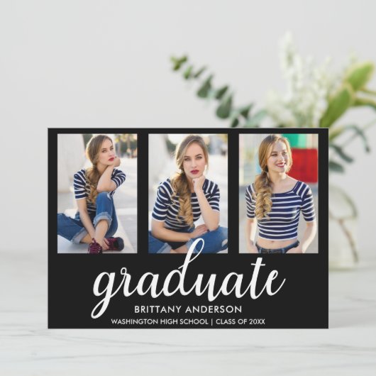 3枚の写真モダン卒業発表カードBW 案内状 (スタンド正面)
