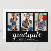 3枚の写真モダン卒業発表カードBW 案内状 (正面/裏面)