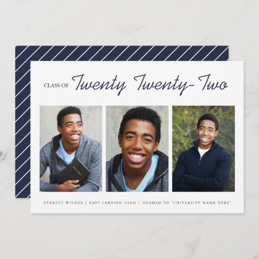 3枚の写真モダン卒業発表 |ネイビー 案内状 (正面/裏面)