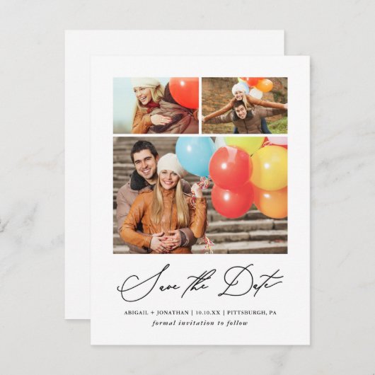 3枚の写真モダン手書き文字日付を保存 インビテーションポストカード (正面/裏面)
