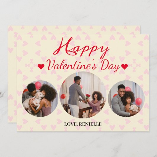 3枚の写真ラウンドコラージュのバレンタインデーのカップル シーズンカード (正面/裏面)