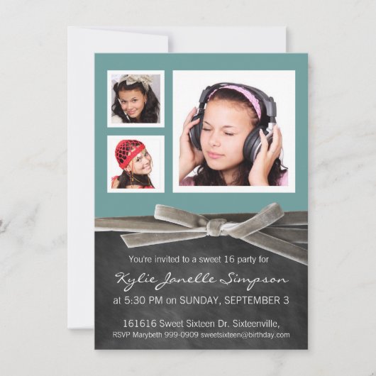 3枚の写真付きの黒板Sweet 16 招待状 (正面)
