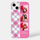 3枚の写真入りおしゃれピンクのチェック柄のモダンな女性向けカスタムネーム Case-Mate iPhoneケース (裏面)