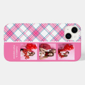3枚の写真入りおしゃれピンクのチェック柄のモダンな女性向けカスタムネーム Case-Mate iPhoneケース (裏面 (横))