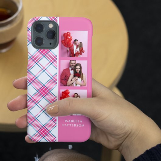 3枚の写真入りおしゃれピンクのチェック柄のモダンな女性向けカスタムネーム Case-Mate iPhoneケース