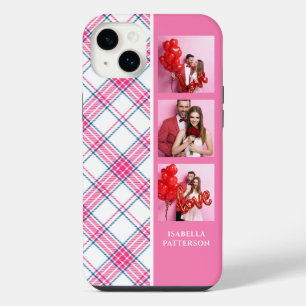 3枚の写真入りおしゃれピンクのチェック柄のモダンな女性向けカスタムネーム iPhone 14 PLUSケース