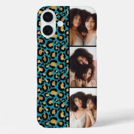3枚の写真入りターコイズ＆ゴールドのヒョウ柄 iPhone 16 PLUSケース